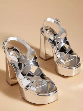 Larroudé Women Platform Sandals Bee Block Heel Metallic Silver -Size 8.5